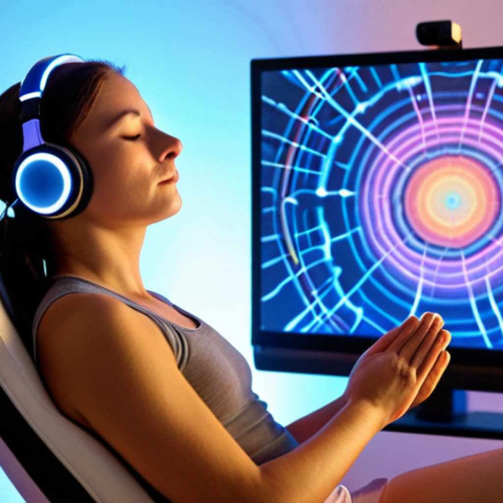 **

A person wearing a brainwave-sensing headset sits in a comfortable chair, eyes closed, meditating. A screen displays colorful brainwave patterns, and the surrounding environment is serene and peaceful. Soft, diffused lighting enhances the calming atmosphere. The style should be modern and tech-forward, yet relaxing.

**