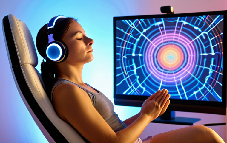 **

A person wearing a brainwave-sensing headset sits in a comfortable chair, eyes closed, meditating. A screen displays colorful brainwave patterns, and the surrounding environment is serene and peaceful. Soft, diffused lighting enhances the calming atmosphere. The style should be modern and tech-forward, yet relaxing.

**