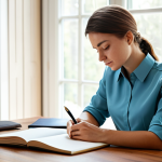 A professional woman, fully clothed in a modest, elegant blouse and tailored pants, calmly writing in a journal at a beautifully organized wooden desk. Soft natural light streams through a window in a serene, modern home office. The setting conveys deep thought and self-awareness, embodying emotional intelligence and inner peace. perfect anatomy, correct proportions, natural pose, well-formed hands, proper finger count, natural body proportions, professional photography, high detail, safe for work, appropriate content, fully clothed, professional, family-friendly.