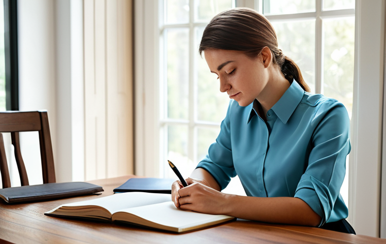 A professional woman, fully clothed in a modest, elegant blouse and tailored pants, calmly writing in a journal at a beautifully organized wooden desk. Soft natural light streams through a window in a serene, modern home office. The setting conveys deep thought and self-awareness, embodying emotional intelligence and inner peace. perfect anatomy, correct proportions, natural pose, well-formed hands, proper finger count, natural body proportions, professional photography, high detail, safe for work, appropriate content, fully clothed, professional, family-friendly.