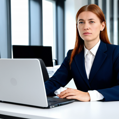Home 8 A professional businesswoman, fully clothed in a modest business suit, sitting at a modern desk with a laptop in a contemporary office. Her posture and expression subtly convey mental and digital fatigue, showing a moment of quiet reflection amidst her work. The background is a professional office environment. Professional photography, high resolution. Perfect anatomy, correct proportions, well-formed hands, natural pose, appropriate attire, professional dress, safe for work, appropriate content, family-friendly.