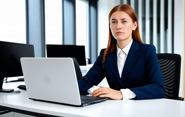 A professional businesswoman, fully clothed in a modest business suit, sitting at a modern desk with a laptop in a contemporary office. Her posture and expression subtly convey mental and digital fatigue, showing a moment of quiet reflection amidst her work. The background is a professional office environment. Professional photography, high resolution. Perfect anatomy, correct proportions, well-formed hands, natural pose, appropriate attire, professional dress, safe for work, appropriate content, family-friendly.