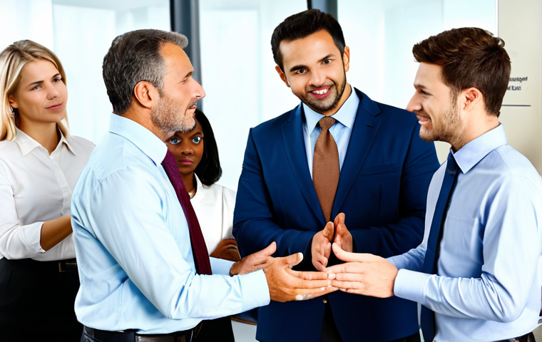 Teamwork Training - Empathy Building**
"A diverse team of professionals, fully clothed in business casual attire, participating in a 'role-reversal' exercise in a bright, modern office. Some team members are actively listening, while others are engaged in a discussion. The scene conveys understanding and collaboration. Safe for work, appropriate content, perfect anatomy, correct proportions, natural pose, professional setting, well-formed hands, proper finger count, natural body proportions, professional, family-friendly."
**