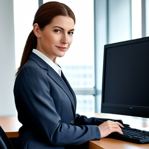 Home 17 회복탄력성을 위한 위험 관리 전략 - Businesswoman in Office**
"A professional businesswoman in a modest business suit, sitting at a des...